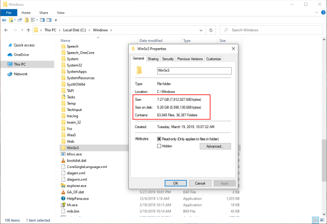 גודל התיקיה winsxs ב- Windows10