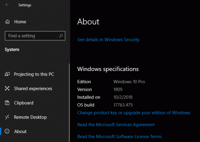 הגדרות מפרט של Windows 10