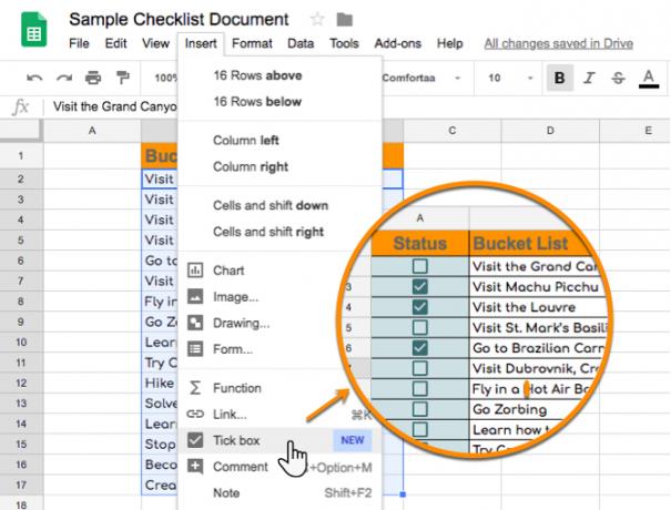 הכנס תיבת סימון ב- Google Sheets