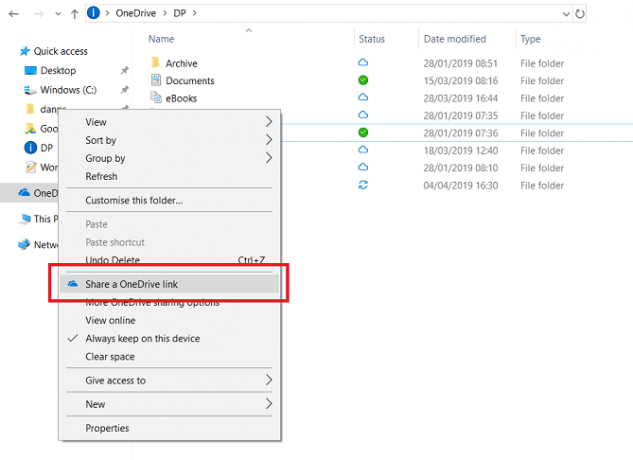 תפריט שיתוף onedrive