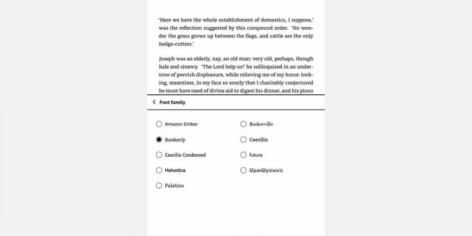 צילום מסך של תפריט הגופנים של Amazon Kindle Family