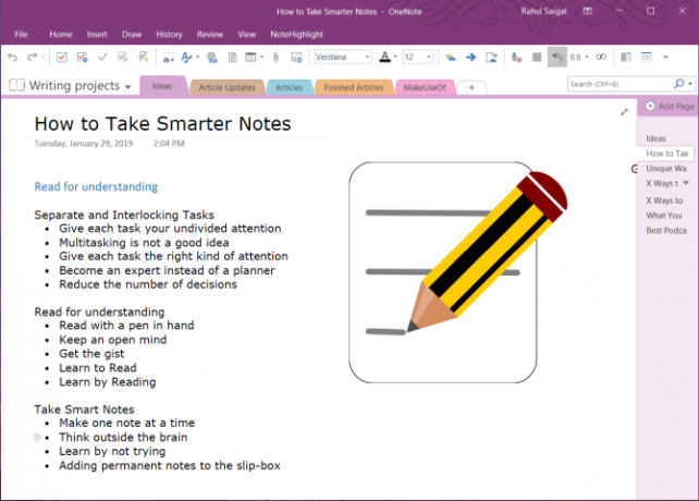 המתאר ב- OneNote 2016