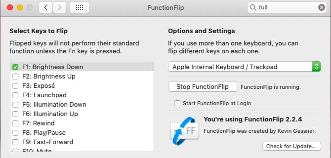 חלונית הגדרות עבור יישום FunctionFlip ב- macOS