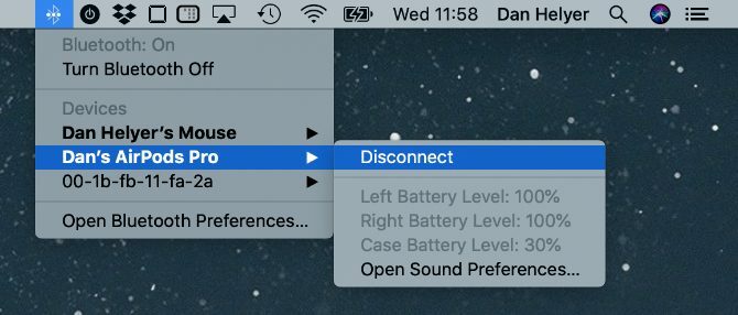 רמת הסוללה של AirPods בתפריט Bluetooth של macOS
