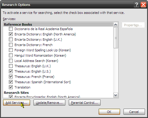 כיצד להשתמש במאפיין המחקר בשירותי הוספה של Microsoft Word 2007 4