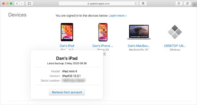 אתר Apple ID עם מספר סידורי iPad