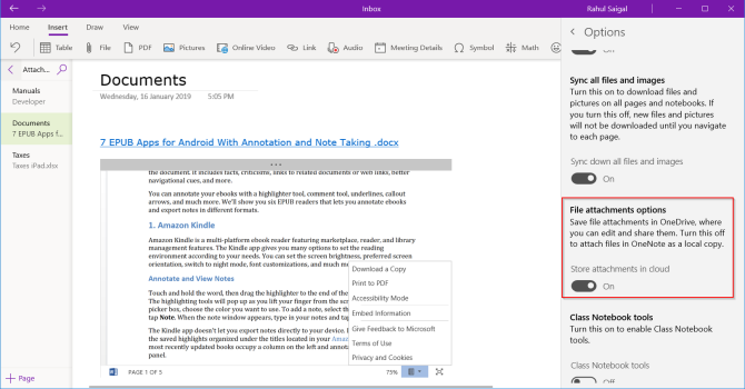 קובץ מצורף לענן ב- OneNote ל- Windows 10