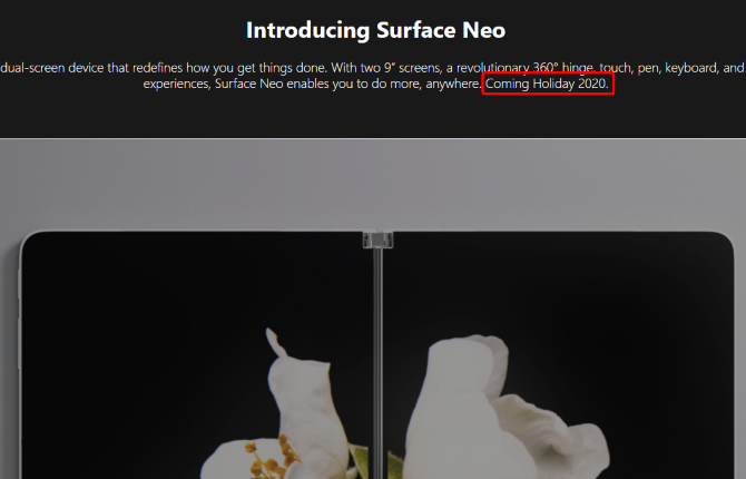 דף המוצר של Microsoft Surface Neo לפני העיכוב