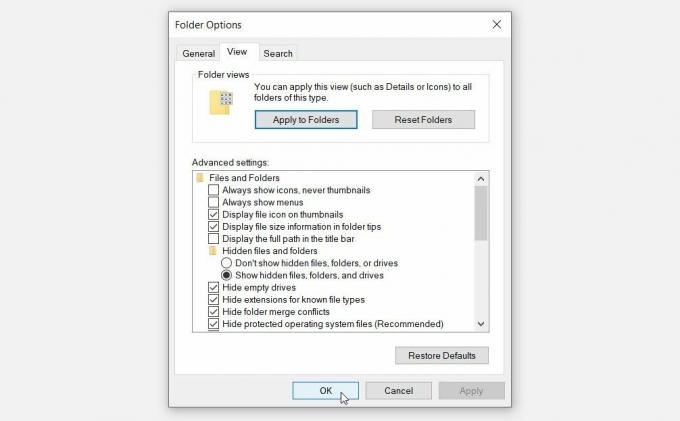 הכרטיסייה " תצוגה" במסך אפשרויות התיקייה של Windows