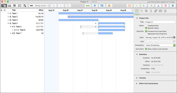 OmniPlan 3 בתרשים של Mac Gantt