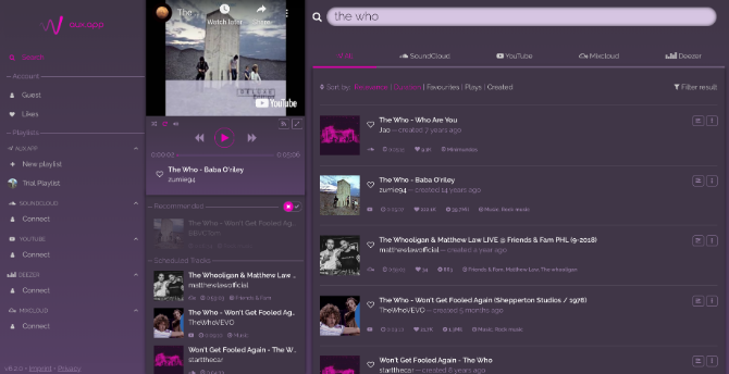 Aux מאפשרת לך לחפש ולהשמיע מוזיקה בחינם מ- YouTube, Soundcloud, Deezer ו- MixCloud