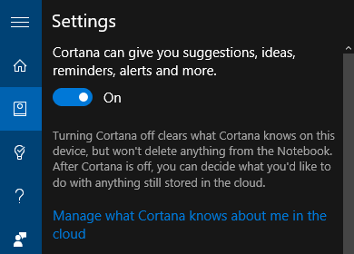 הגדרות Cortana של Windows 10