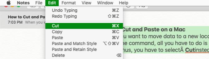 אפשרות חיתוך בתפריט עריכה ב- Mac