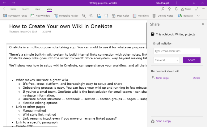 שתף מחברת עם OneNote ל- Windows 10