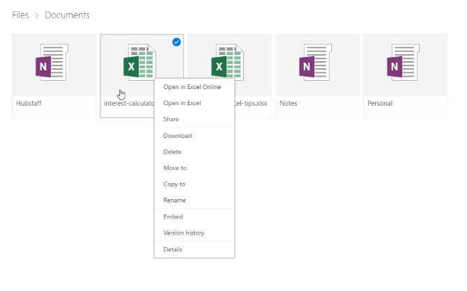 לחץ באמצעות לחצן העכבר הימני על מסמכים onedrive