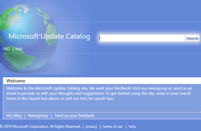 דף הבית של Microsoft Update Catalog