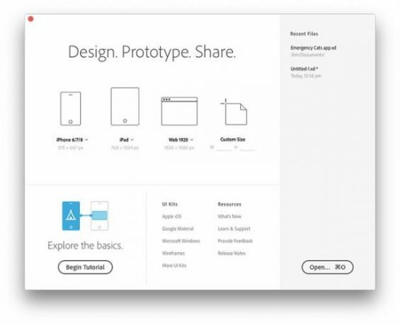 אפשרויות הפעלה של Adobe XD