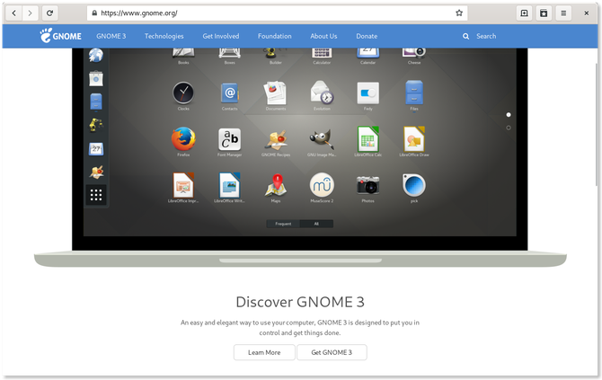 דפדפן האינטרנט GNOME המציג את דף האינטרנט של GNOME