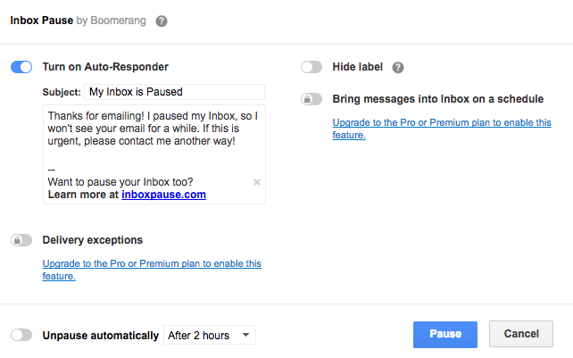 הפוך את Gmail פחות למסיח דעת על ידי השהיית דוא"ל נכנסות למשך זמן Boomerang Pause 2