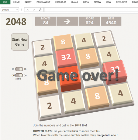 2048 משחק אקסל של מיקרוסופט