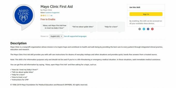 צילום מסך של דף המיומנות של Mayo Clinic Aid First Aid Alexa