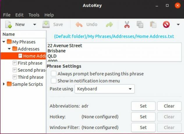 הגדרת קטע טקסט ב- AutoKey