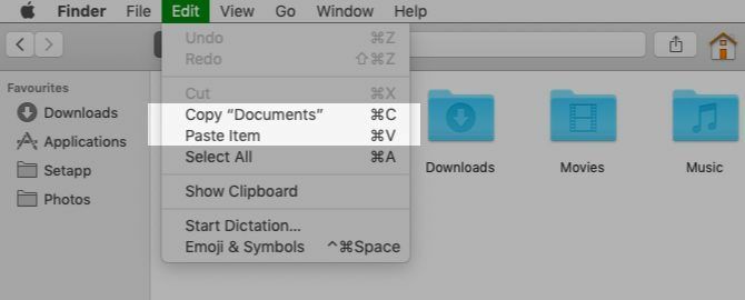 העתק והדבק אפשרויות תפריט ב- Finder ב- Mac