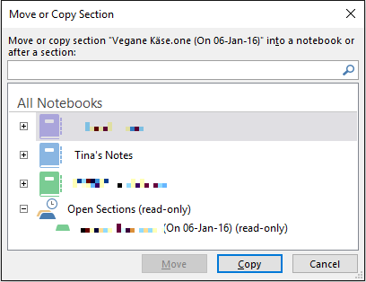 קטע מחברת העברה של OneNote