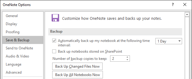 אפשרויות גיבוי של OneNote