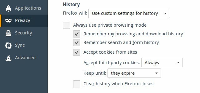 Firefox הגדרות פרטיות