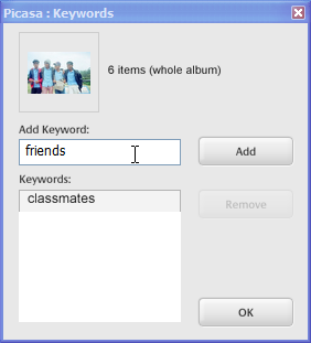Picasa - מילות מפתח לתמונות