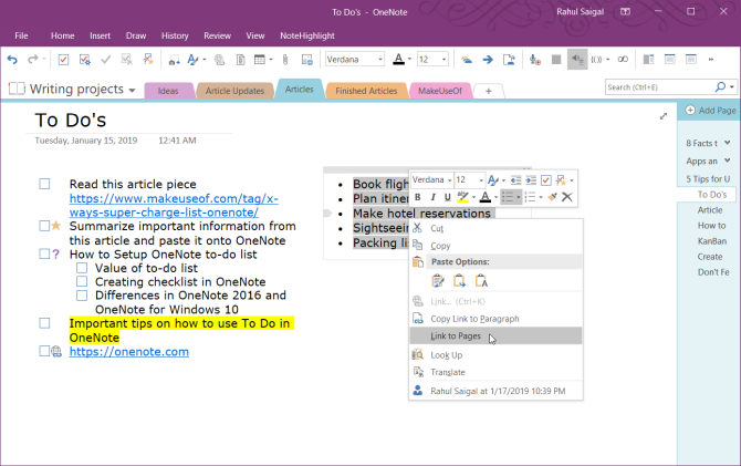 קישור לדפים ב- OneNote 2016