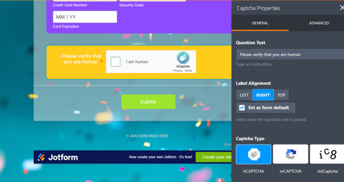 צילום מסך של Jotform Captcha