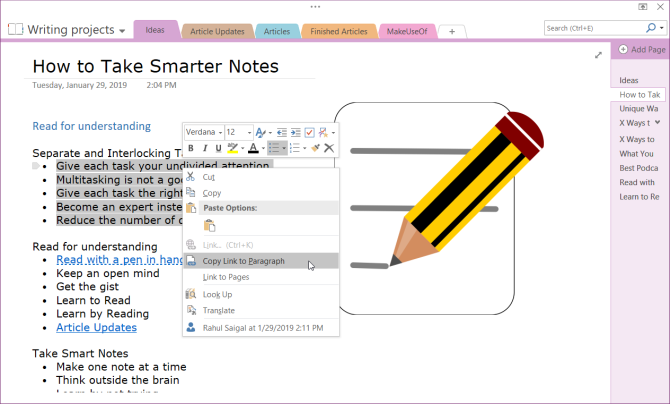 העתק קישור לפסקה ב- OneNote