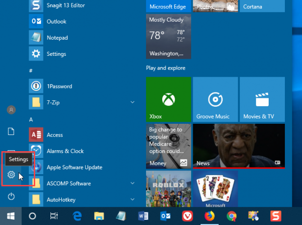 פתח את הגדרות המחשב מתפריט התחל ב- Windows 10